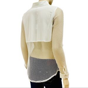 White Button Down Sheer Long Sleeve Back Panel Hollow Out Shirt NEW
